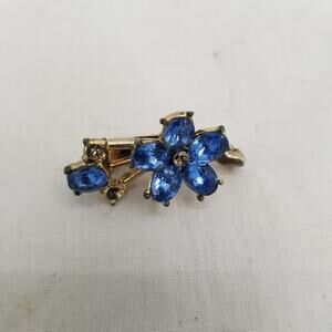 Vintage blue rhinestone brooch pin costume jewelry 1" goldtone